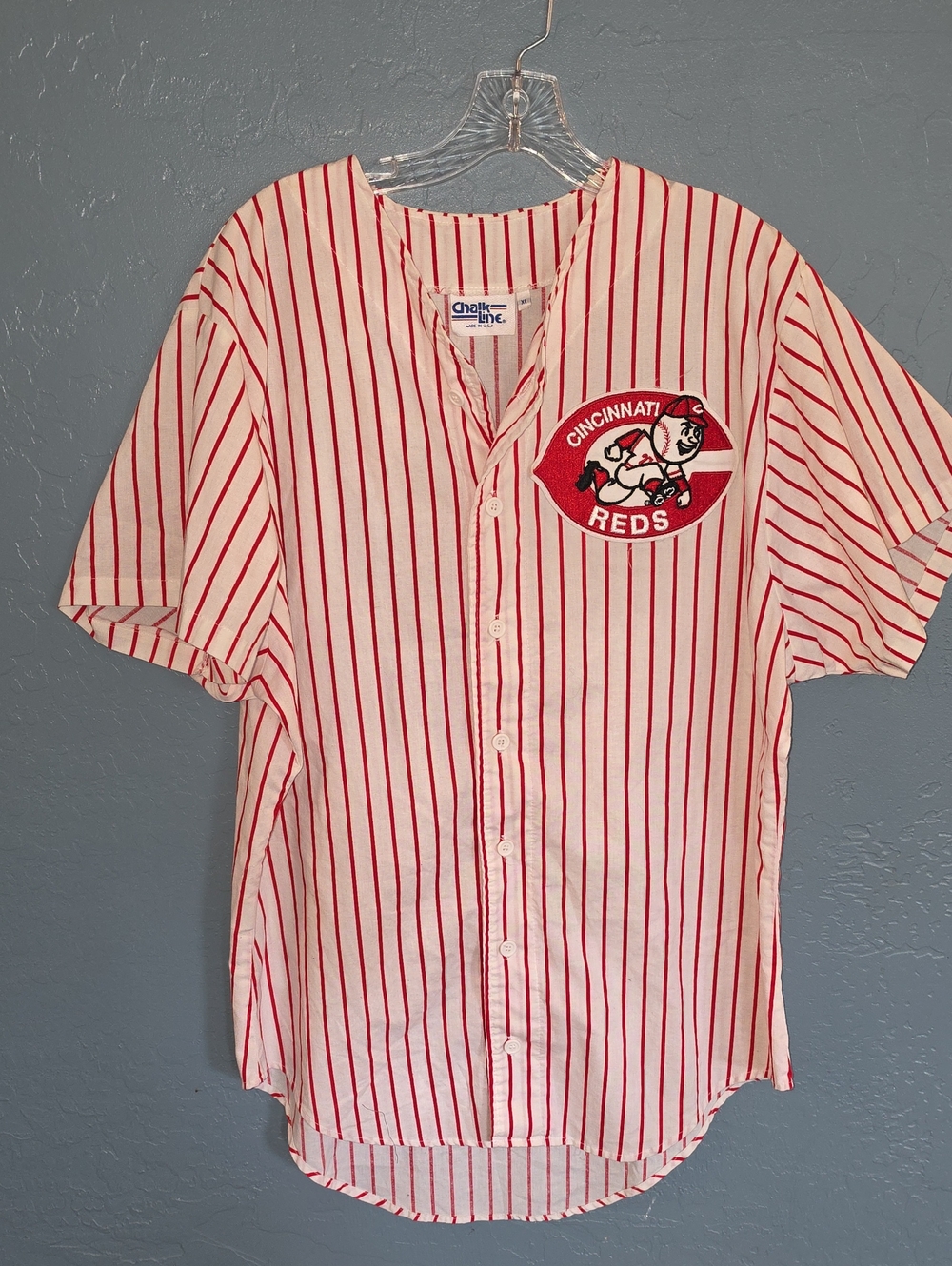 VTG Chalk Line Cincinnati Reds Red & White Pinstripe Baseball Jersey Shirt